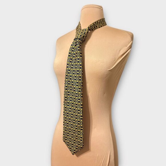 Burberry Horsebit Tie Navy Blue Yellow Silk Classic Preppy Authentic Necktie EUC - Picture 2 of 8